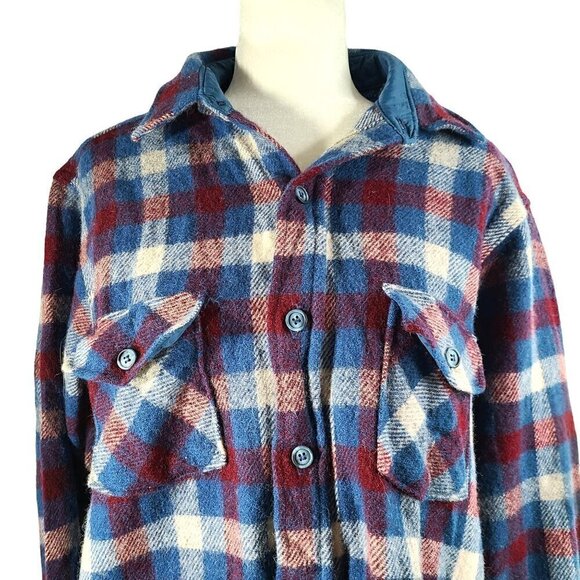 Vintage Woolrich Heavy Flannel Blue Maroon Button Down Shirt Men’s Large - Picture 2 of 8